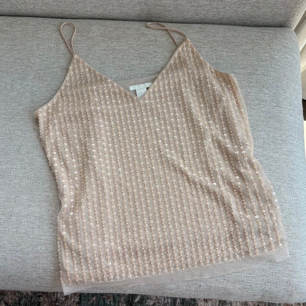 H&M Sequin Tank Top Size 8 Beige Mesh Spaghetti Strap Glam Party Holiday Work